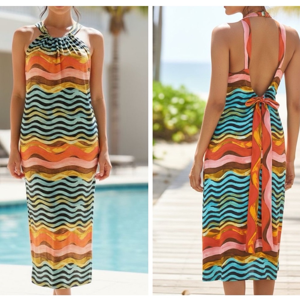 COREY LYNN CALTER WAVES HALTER SLEEVELESS BACK NECK TIE WOMEN'S DRESS SIZE LARGE